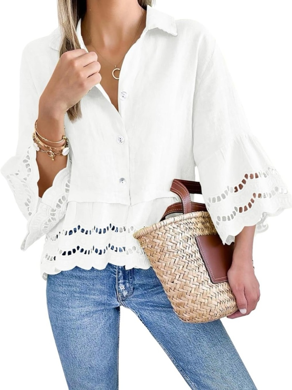 White Eyelet Button-Front Blouse - Picture 4 of 5